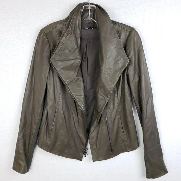 VINCE Leather Scuba Jacket Biker Lustrous Asymmetrical Minimalist Taupe Gray M